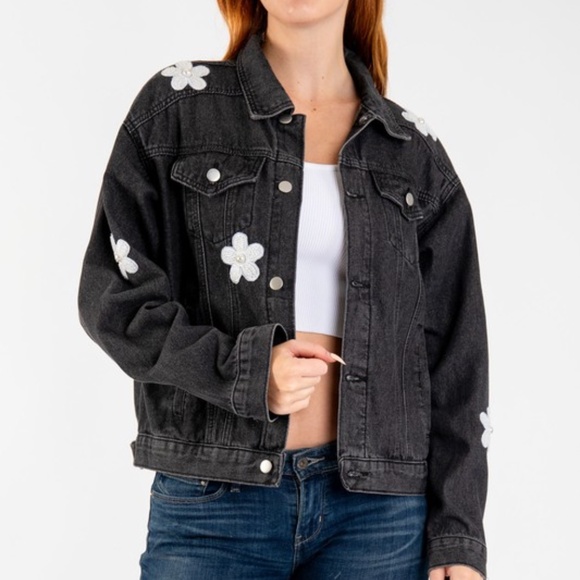 Bluevelvet Black Floral Patch Button Down Denim Jean Jacket - Picture 4 of 6